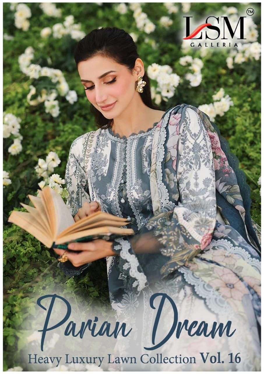 parian dream vol-16 by lsm 1601-1606 series lawn cotton designer pakistani suit wholesale price surat