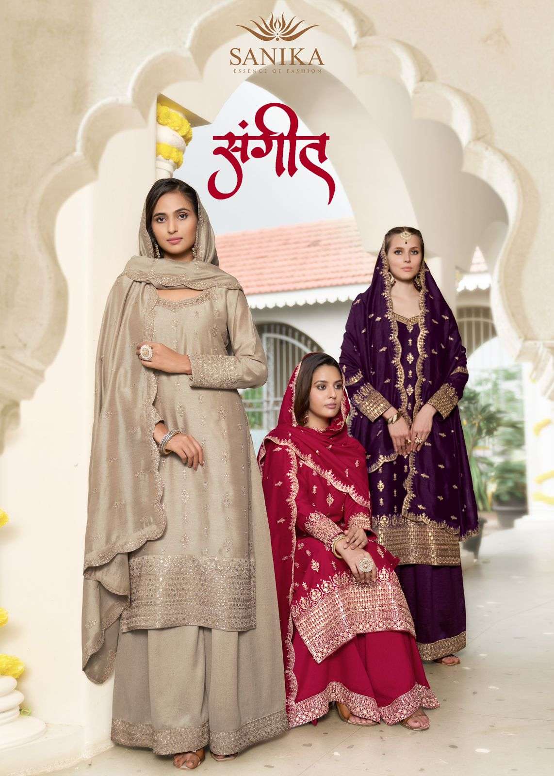 sangeet by sanika fashion 10005-10007 series heavy embroidered vichitra silk plazo suit wholesale price surat