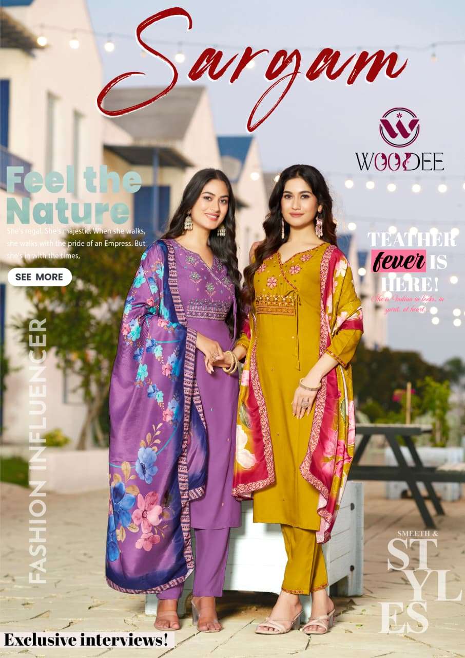 sargam by woodee 1001-1006 series rayon designer readymade suit wholesale price surat