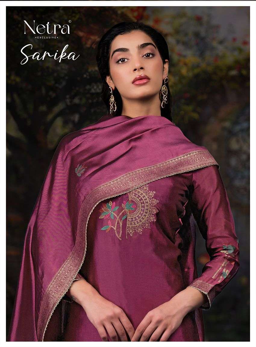 sarika by netra 1128 colors fancy embroidered viscose silk jacquard salwar suit wholesale price surat