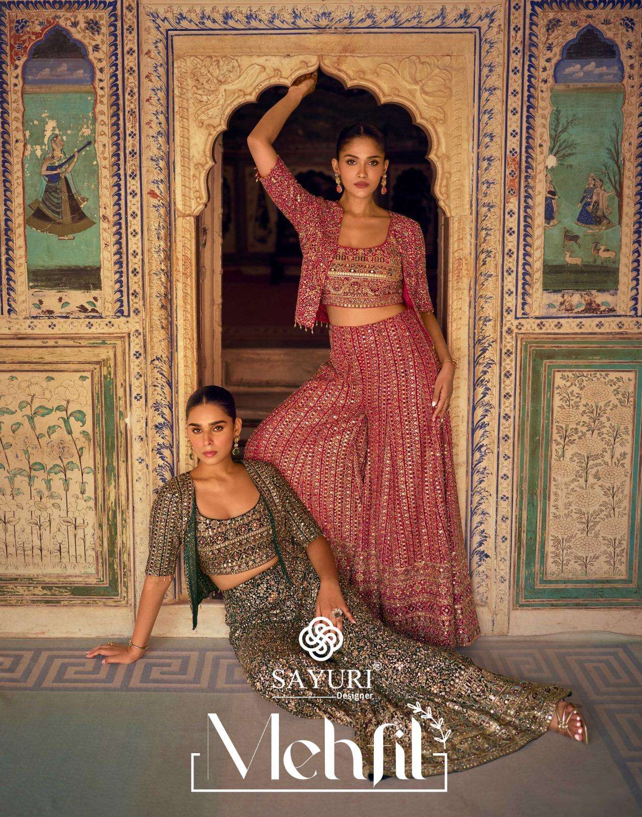 sayuri designer mehfil 5831-5833 series heavy georgette zarkan with heavy embroidered readymade salwar kameez wholesale prcie surat