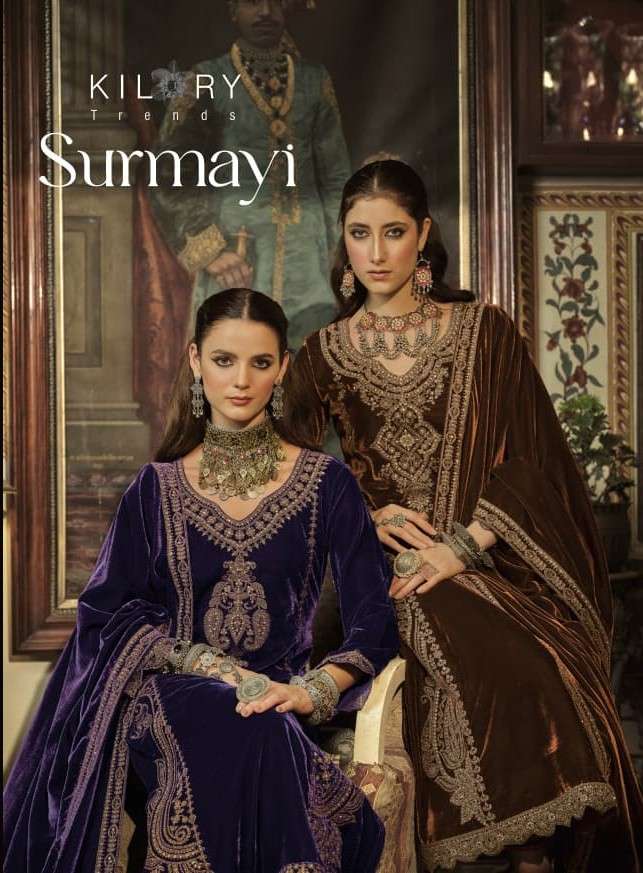 surmayi by kilory trends colors winter wear velvet embroidered suit wholesale price surat