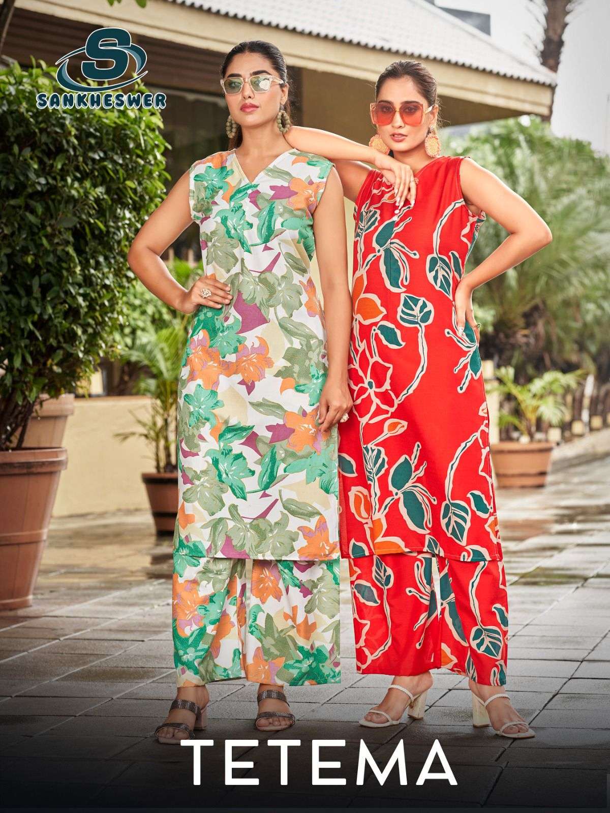 tetema vol-1 by sankheshwer 1001-1008 series fancy printed rayon cord set wholesaler surat