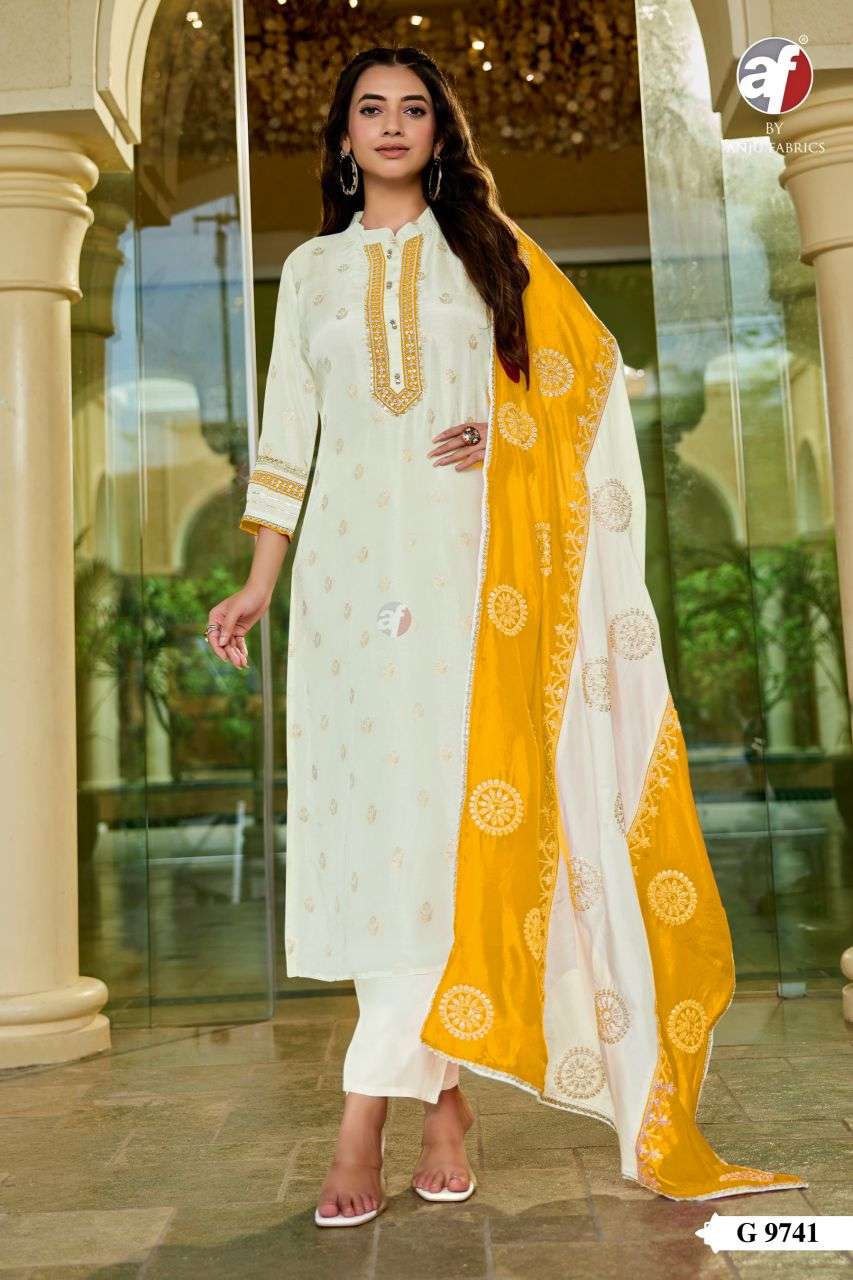 9741 by anju fabric dola silk jacquard readymade kurti wholesale price surat