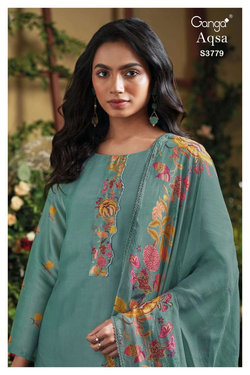 aqsa 3779 by ganga fancy embroidered bemberg silk salwar kameez wholesale price surat