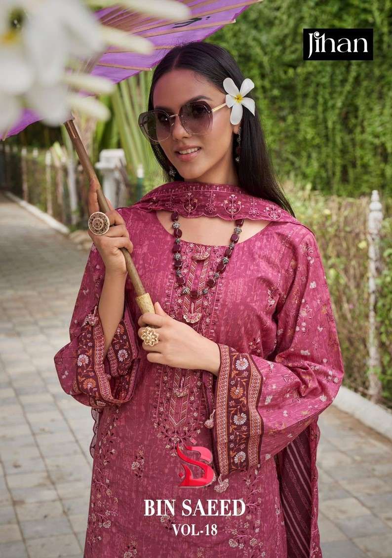 bin saeed lawn collection vol 18 by jihan pure lawn cotton unstich salwar kameez wholesale price surat