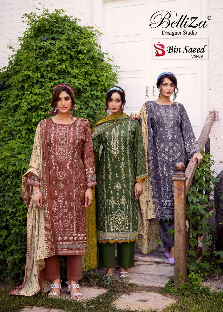 bin saeed vol-9 by belliza designer cotton embroidered printed salwar kameez wholesale price surat