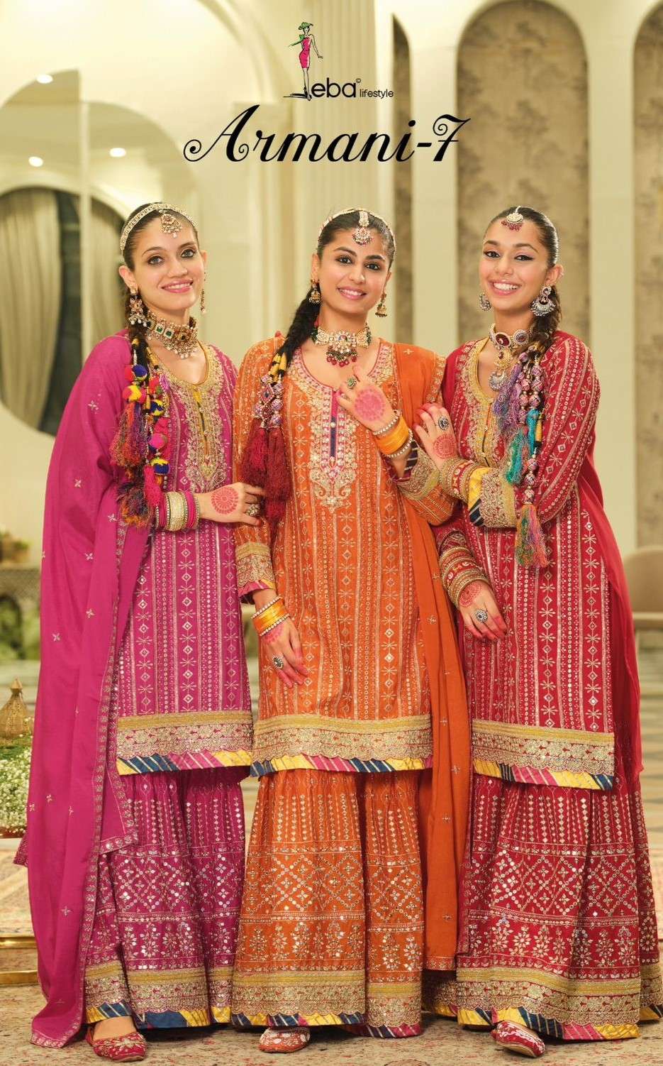 eba lifestyle armani vol 7 2121-2123 series party wear heavy chinon embroidered wholesale dealer online shopping wedding collection surat 