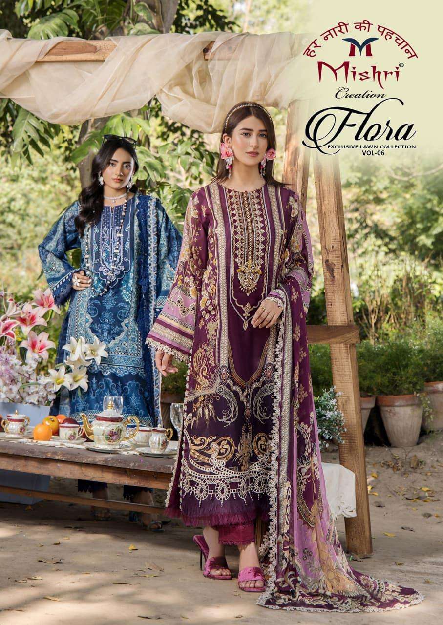 flora vol-6 by mishri creation 6001-6006 series lawn cotton designer salwar kameez wholesale price surat
