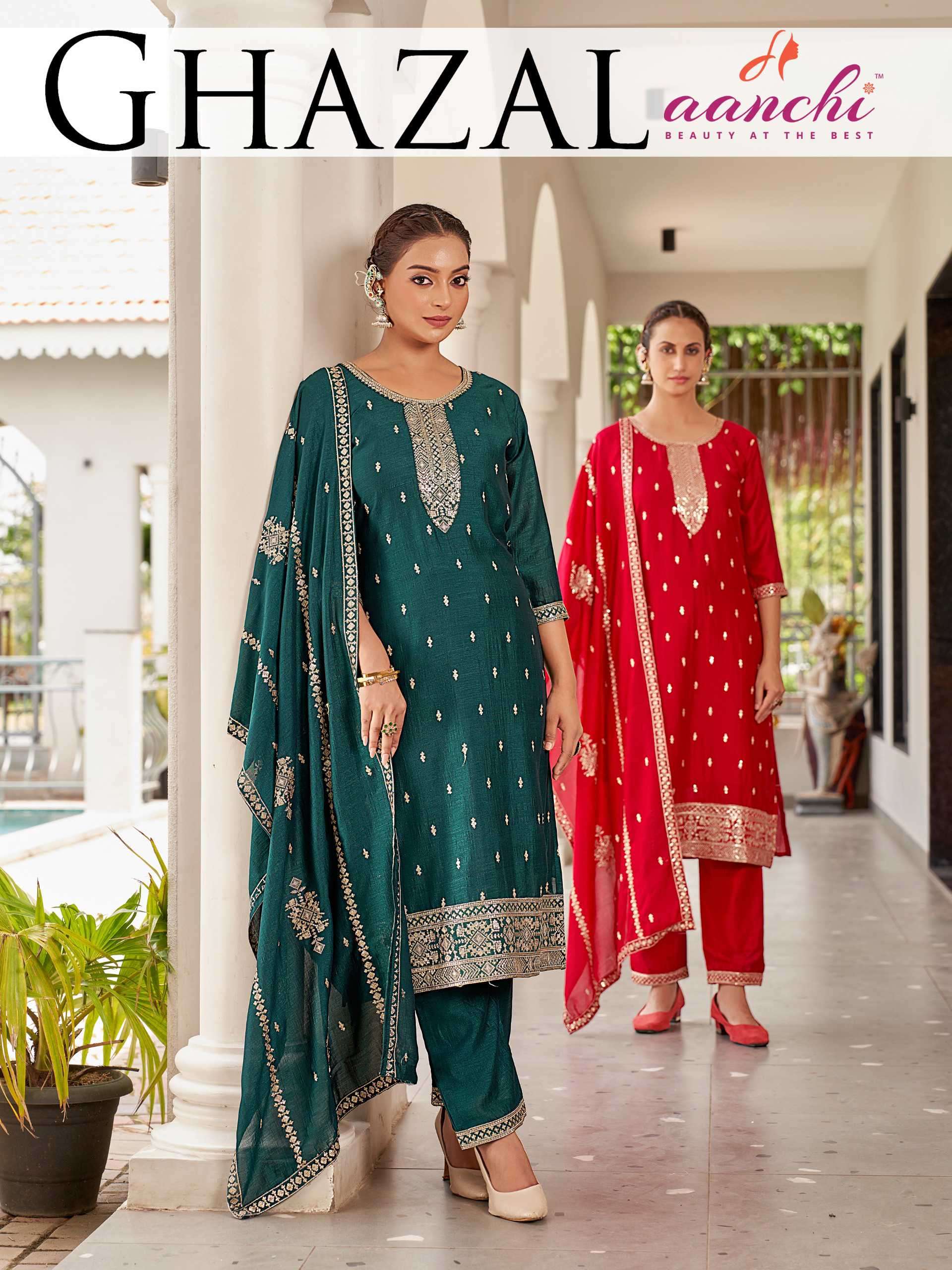 ghazal by aanchi fancy work vichitra silk designer salwar kameez wholesale price surat