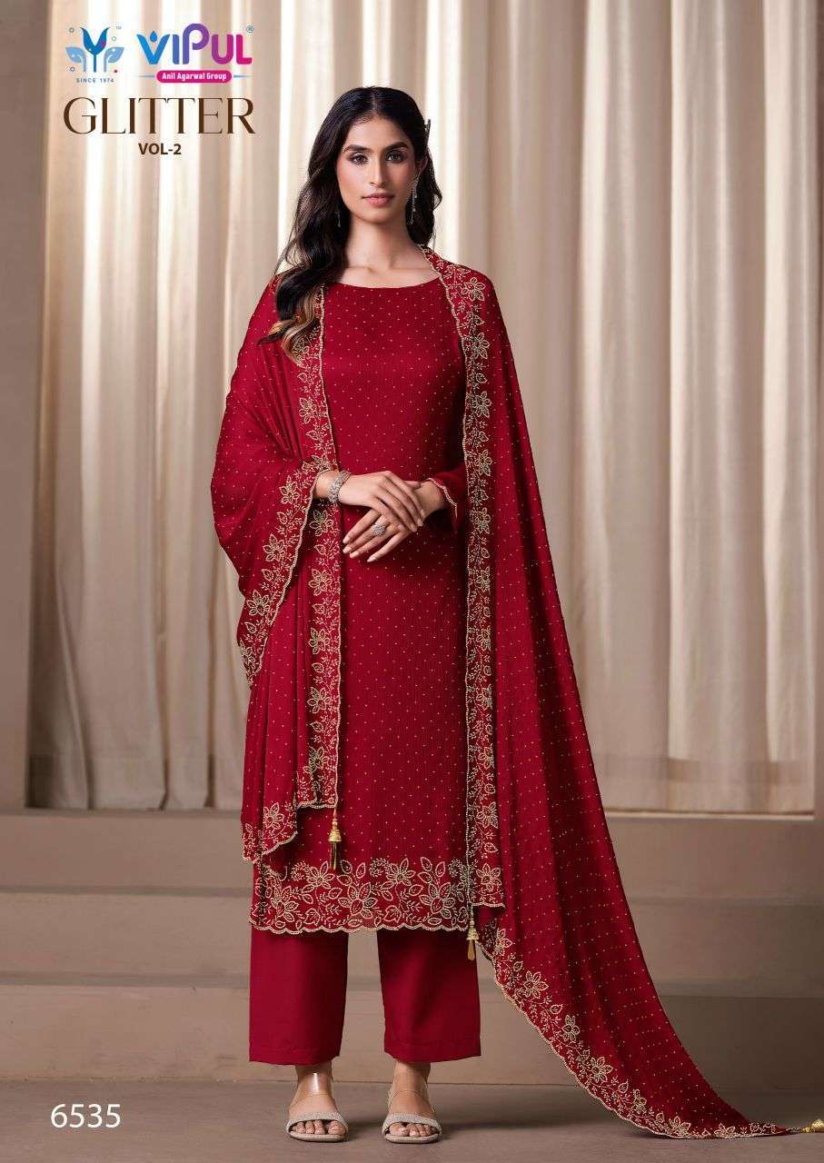 glitter vol-2  by vipul fashion 6535 satin chifoon designer salwar kameez wholesale price surat