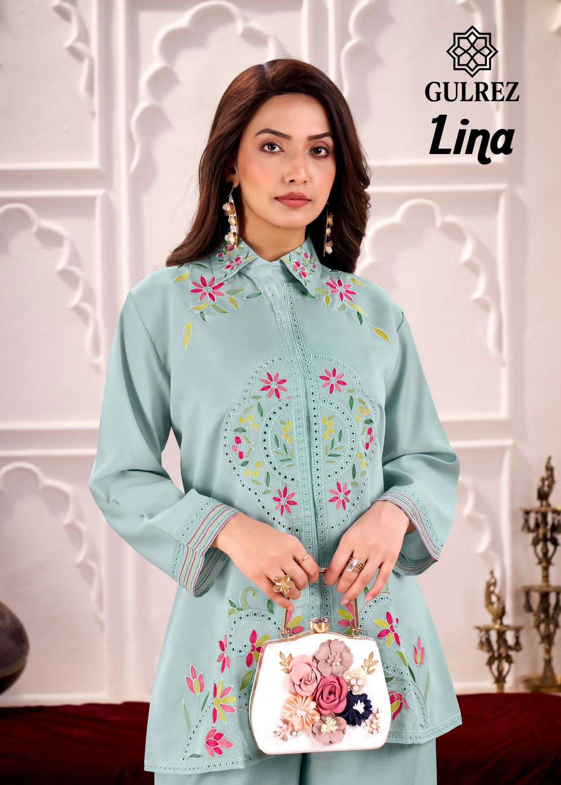 gulrej by lina designer pure roman silk heavy embroidered cordset collection wholesale dealer surat
