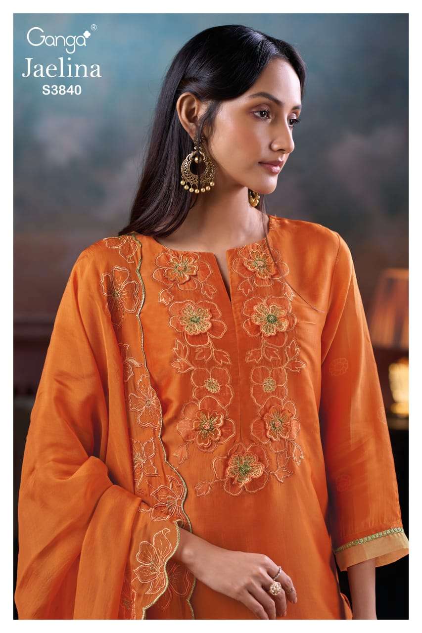 jaelina 3840 by ganga fancy embroidered bemberg silk designer salwar kameez weholesale price surat