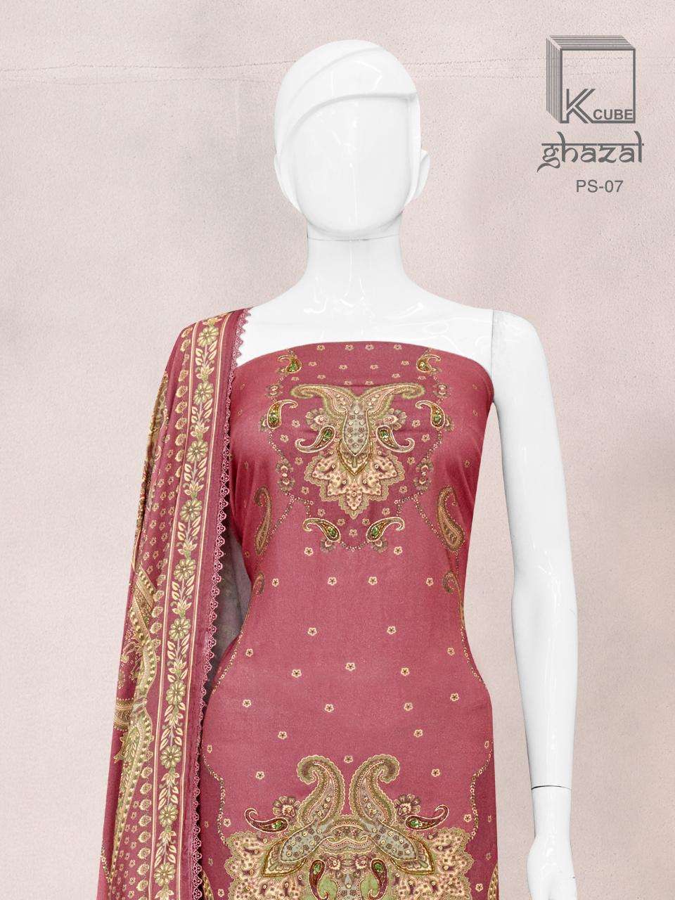 K CUBE GHAZAL PURE PASHMINA UNSTICH DRESS MATERIAL WHOLESALE PRICE SURAT