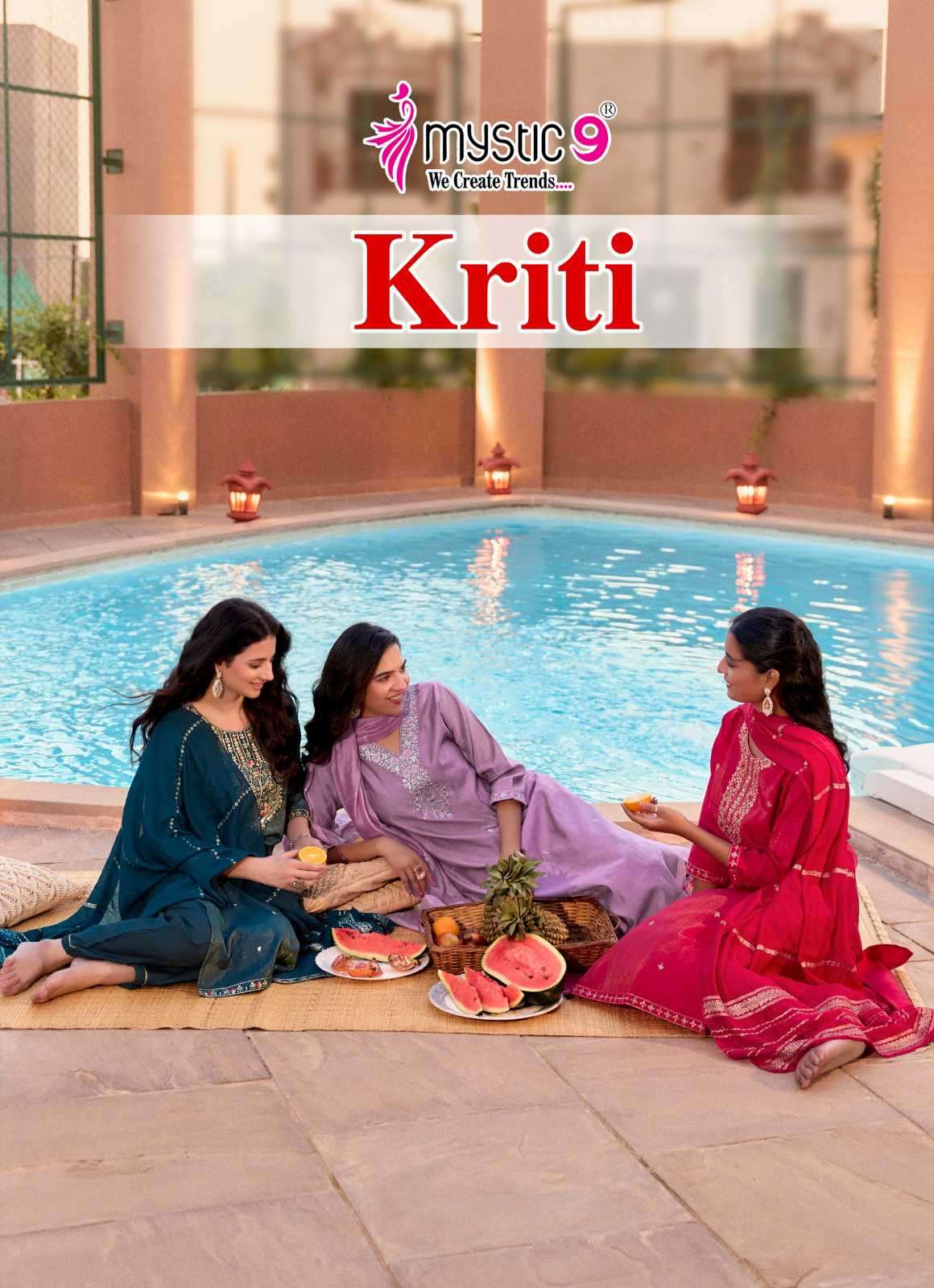 kriti vol-1 by mystic 9 1001-1008 series fancy embroidered vertican readymade salwar kameez wholesale price surat