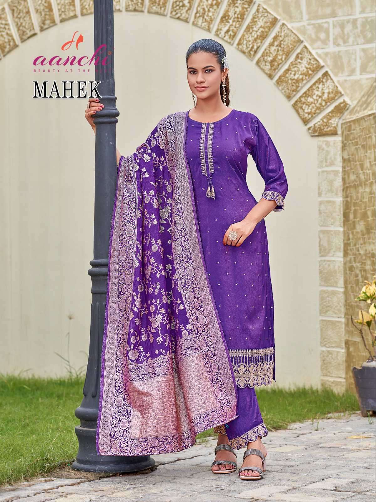 mahek by aanchi latest designer roman shimmer with fancy work readymade salwar kameez wholesale price surat