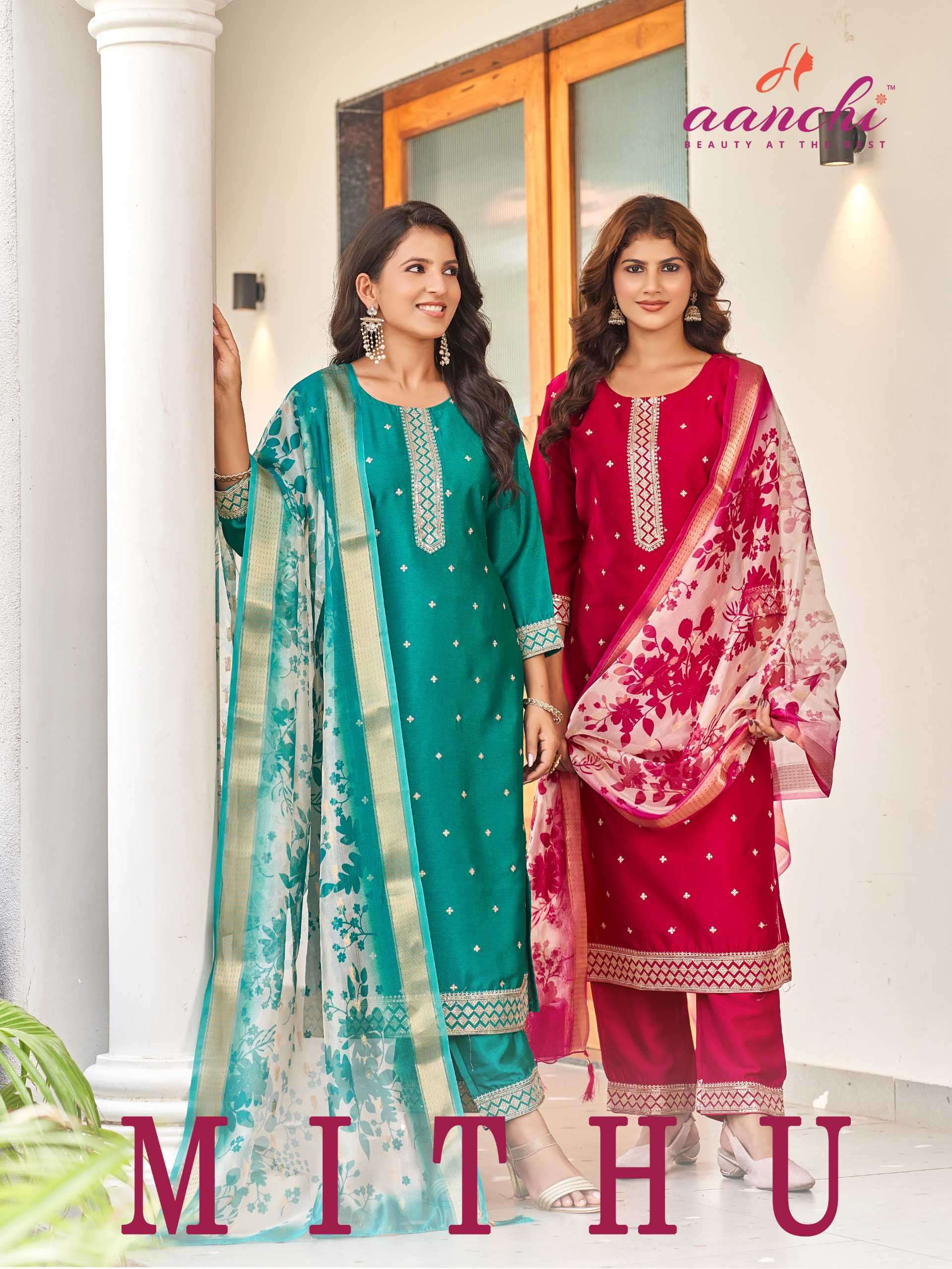 mithu by aanchi exclusvie designer crystal silk readymade salwar kameez wholesale price surat