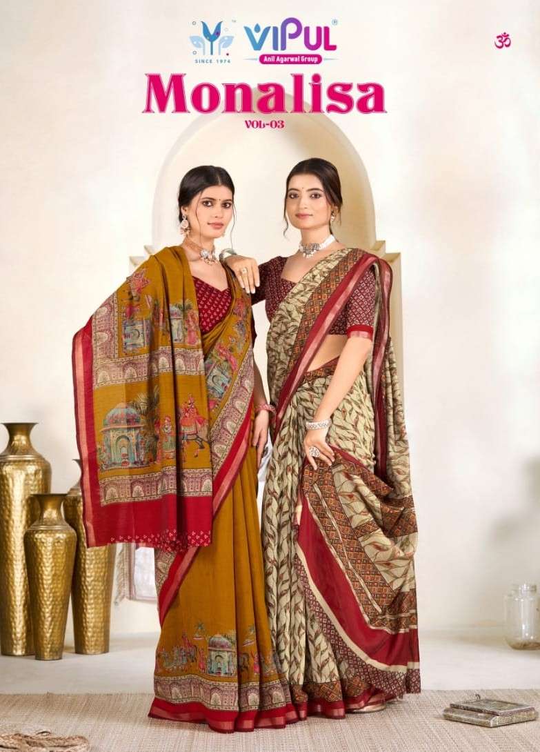 monalisa vol-3 by vipul fashion 92502-92513 series liva cotton designer saree wholesale price surat