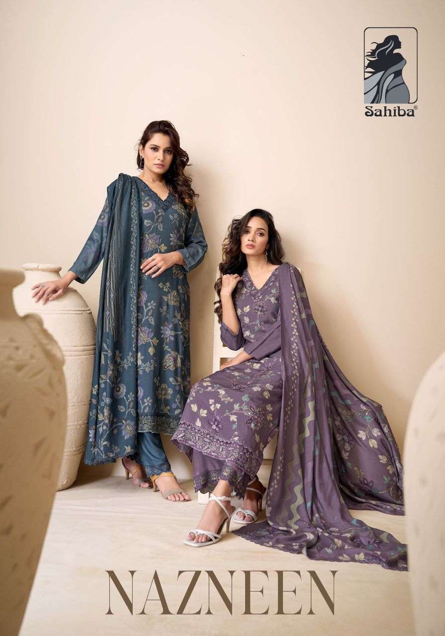 nazneem by sahiba viscose pashmina designer salwar kameez wholesale price surat