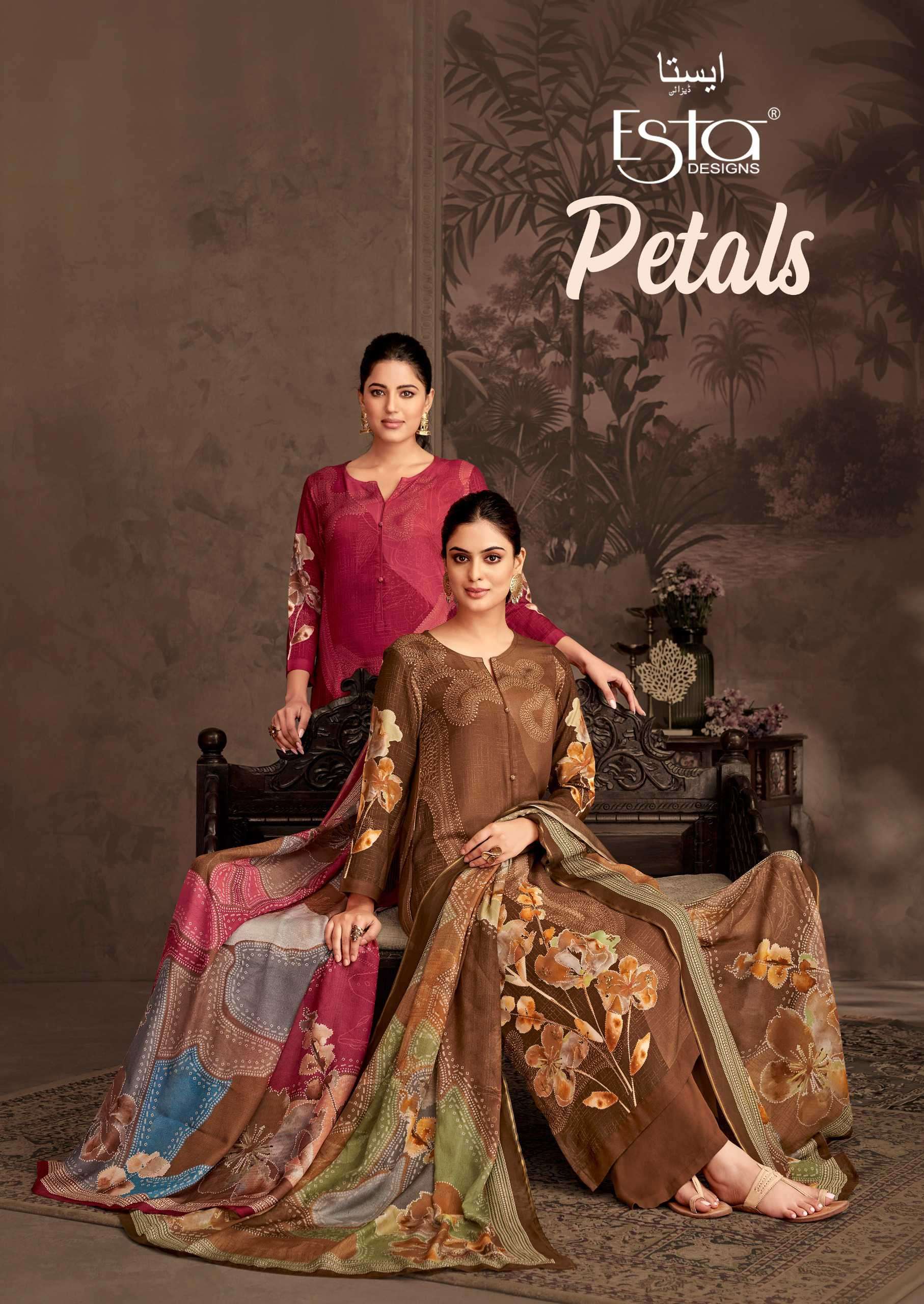petals by esta designs 3001-3008 series fancy digital printed pashmina salwar suit wholesale price surat