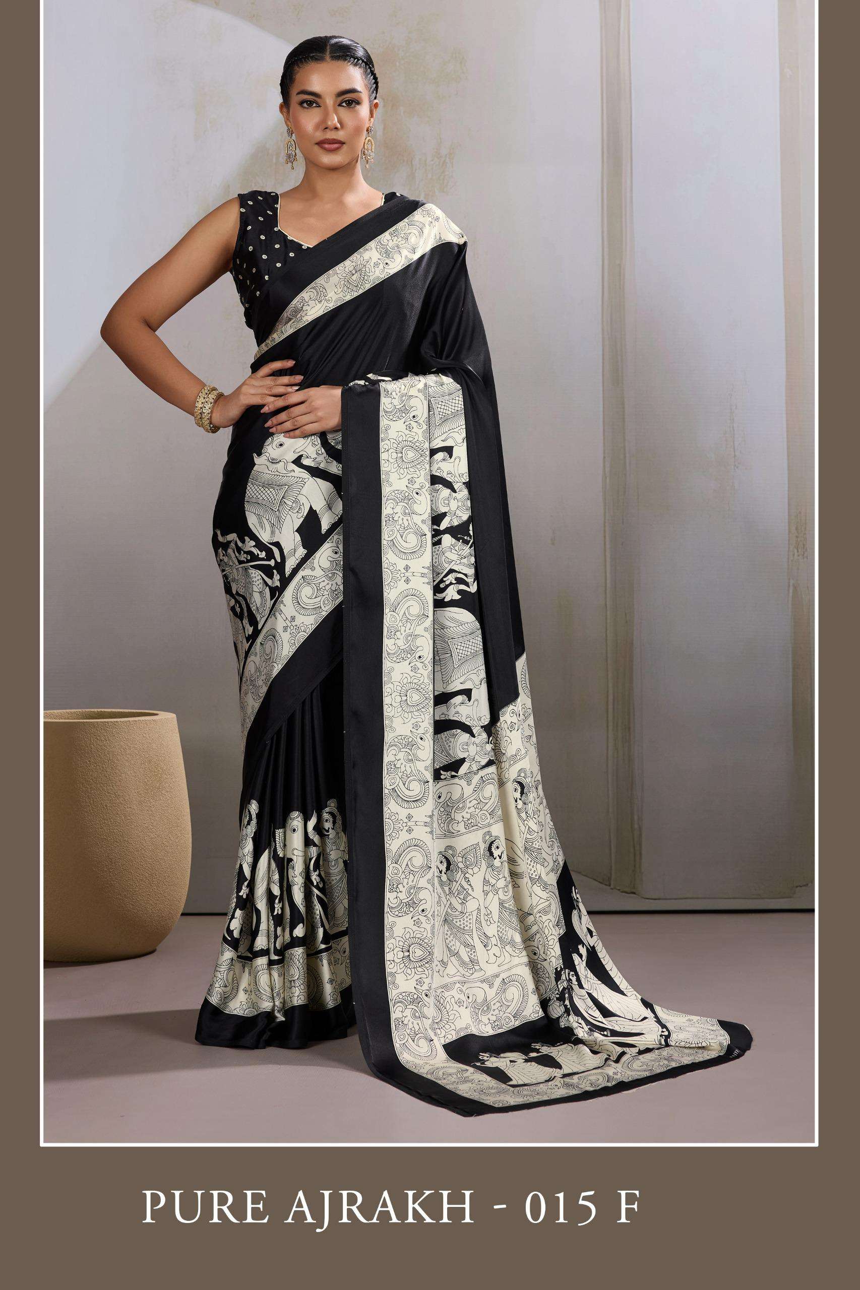 pure ajrakh-015 by rajtex exclusvie designer modal satin saree wholesale price surat