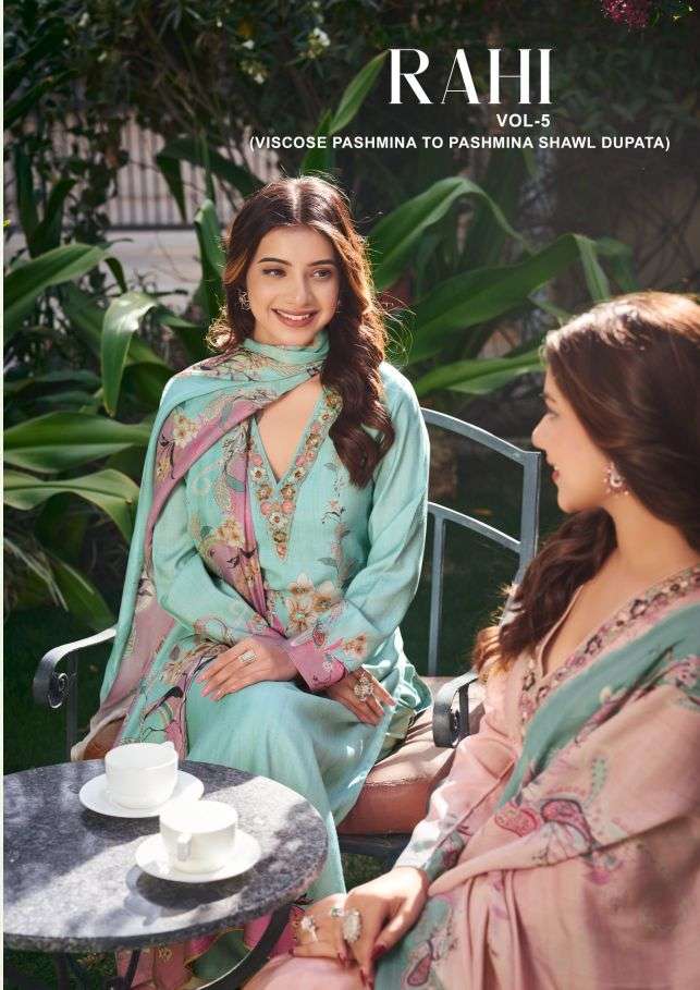raahi vol-5 by rupali fashion digital printed pashmina shimmer designer salwar kameez wholesale price surat