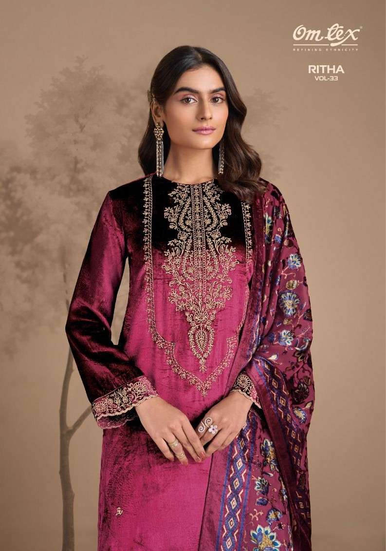 ritha vol-33 by omtex fancy embroidered viscose velvet salwar kameez wholesale price surat