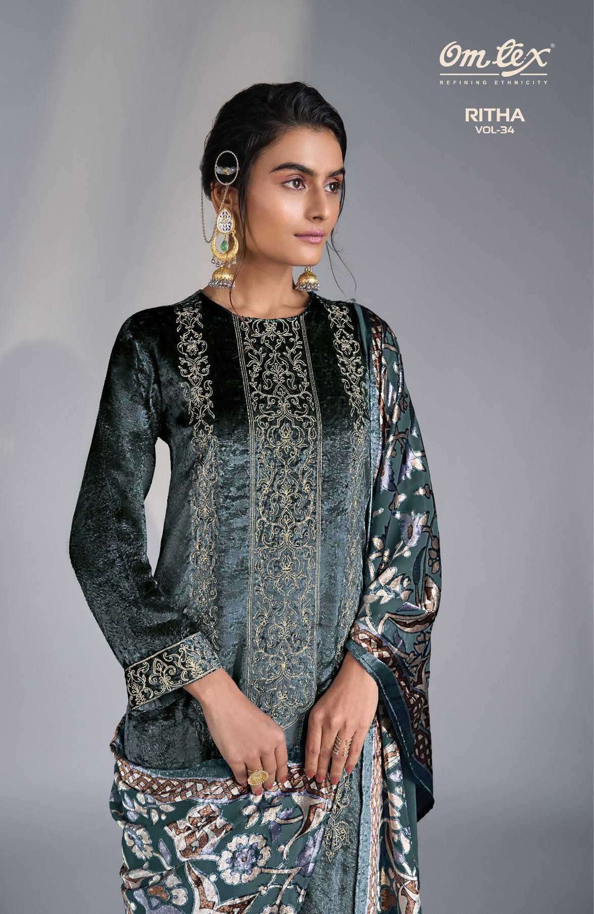 ritha vol-34 by omtex fancy embroidered viscose velvet salwar kameez wholesale price surat