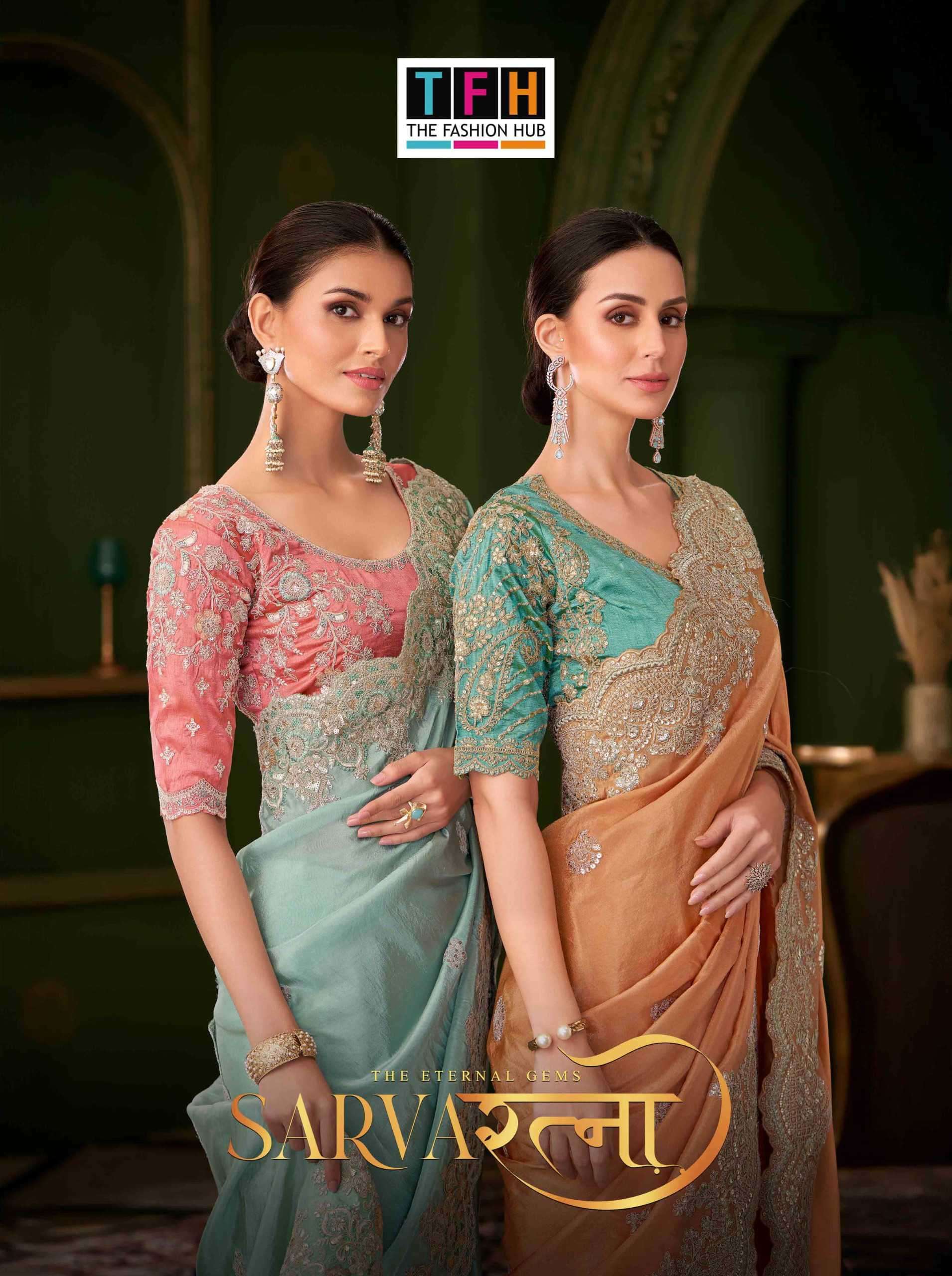 savaratna by tfh 201-212 series fancy work designer party wear saree wholesale price surat