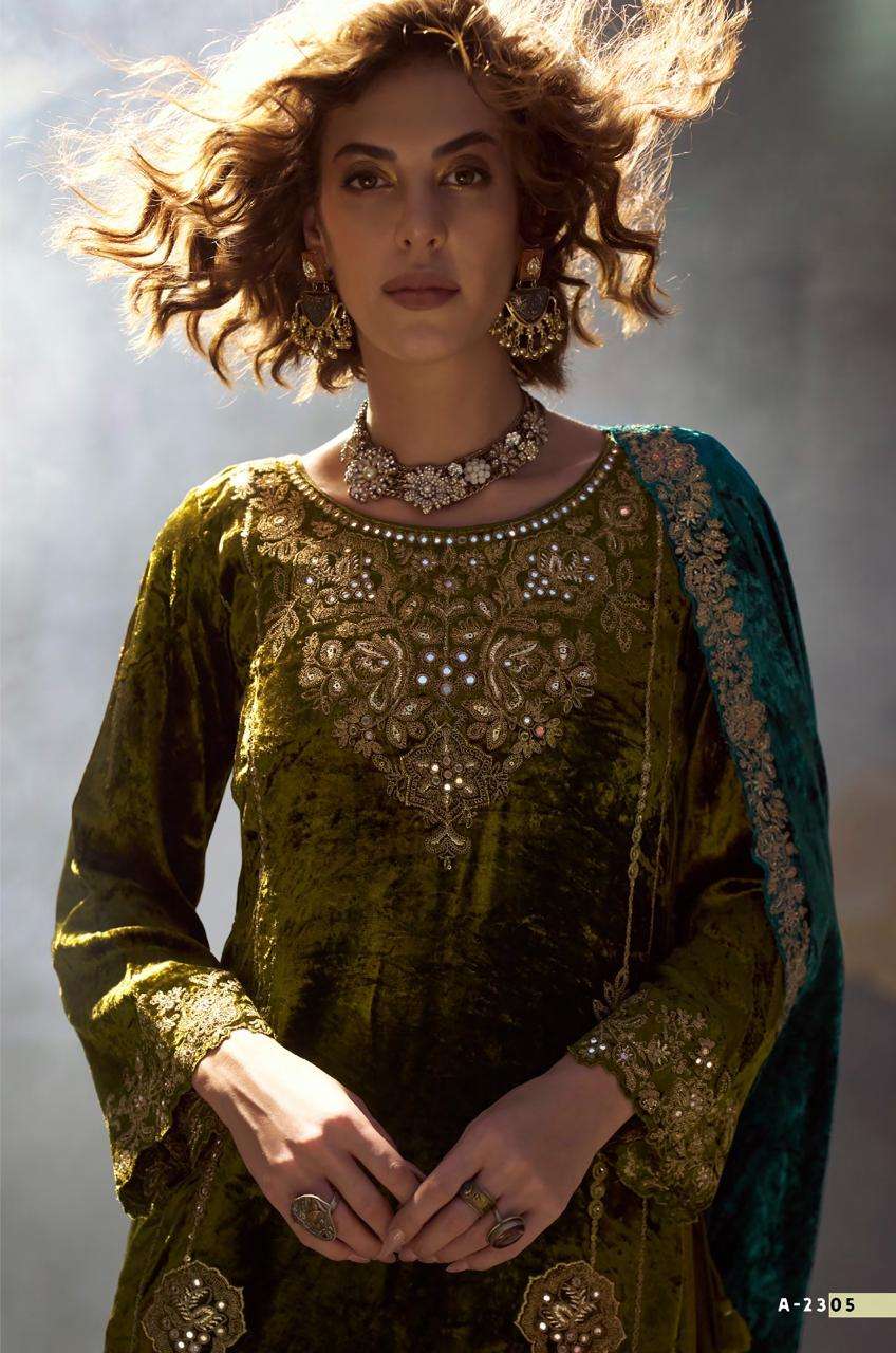 the dance of love by aiqa lifestyle pure viscose velvet embroidered salwar kameez supplier in surat