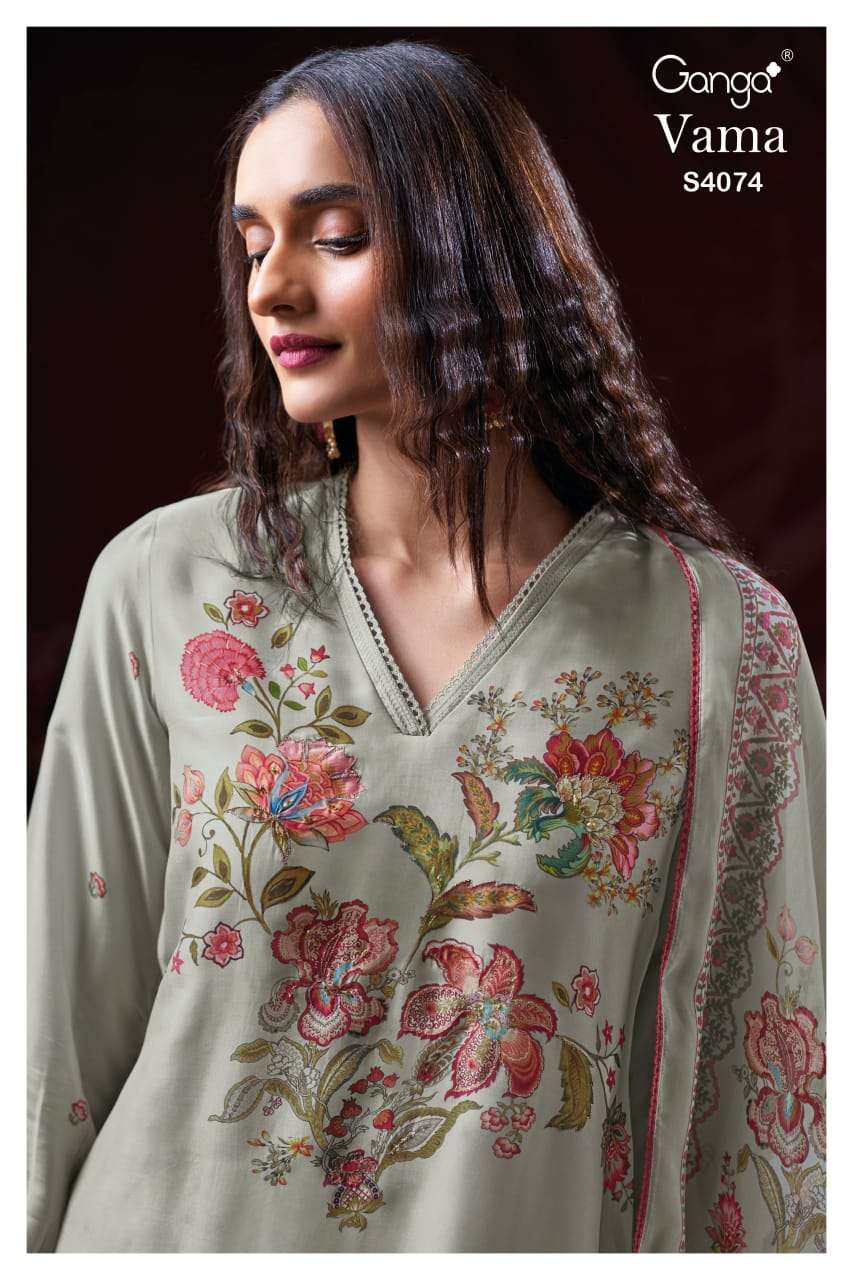 vama 4074 by ganga pashmina with hand embroidered salwar kameez wholesale price surat
