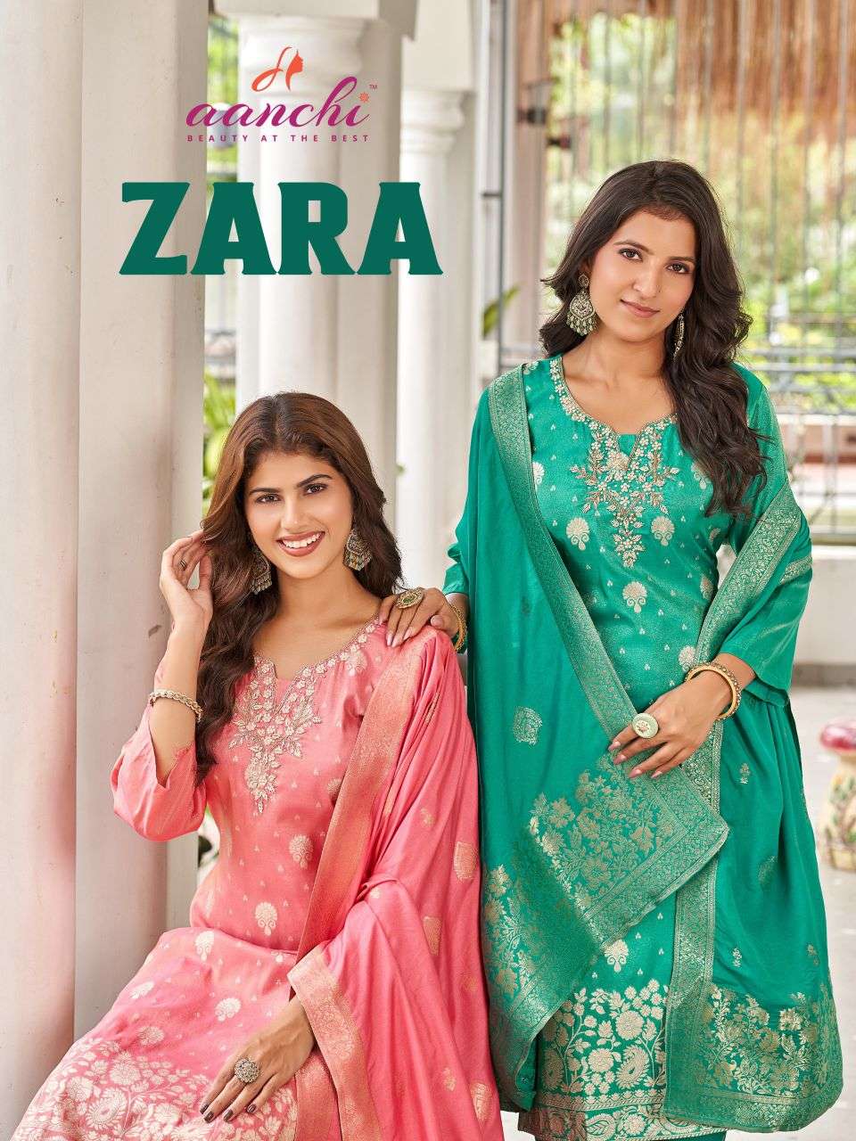 zara by aanchi fancy work shimmer jacquard readymade salwar kameez wholesale price surat
