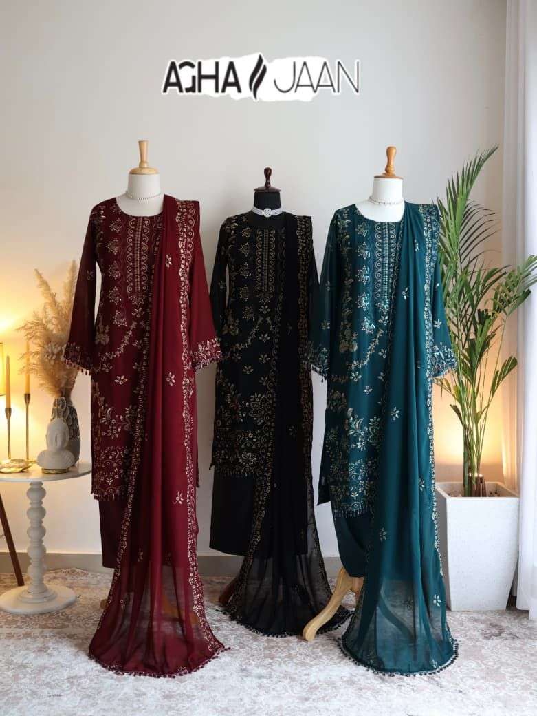 1028  by agha jaan blooming georgette embroidered salwar kameez wholesale price surat