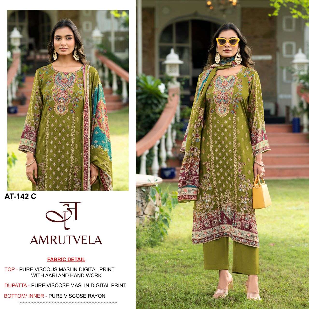 142 by amrutvela digital printed viscose muslin salwar kameez wholesale price surat
