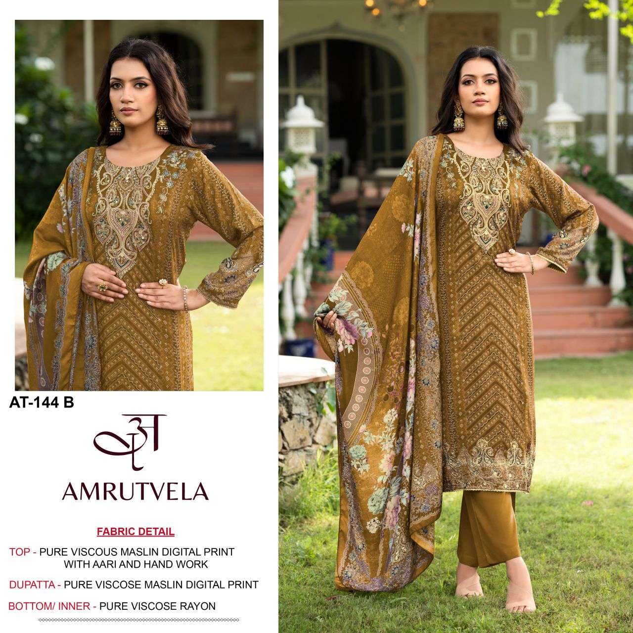 144 by amrutvela latest designer viscose muslin embroidered salwar kameez wholesale price surat