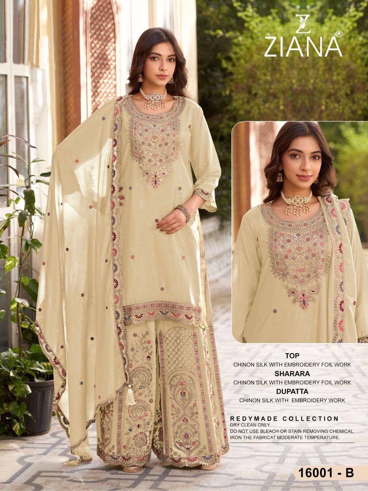 16001 bu ziana fancy work designer chinon silk readymade salwar kameez wholesale price surat