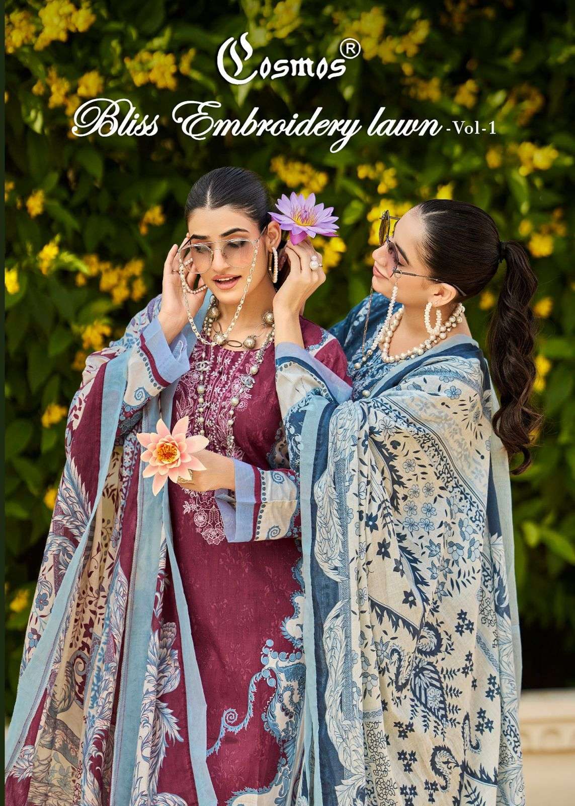 embroidery lawn vol-1 by cosmos 1001-1008 series lawn cotton designer salwar kameez wholesale price surat