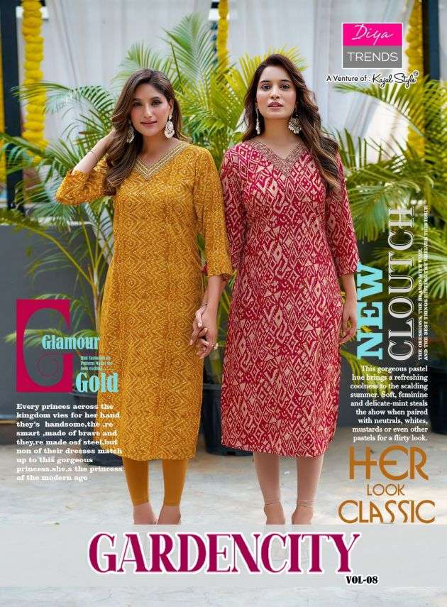 gardencity vol-8 by diya trends 8001-8012 series rayon readymade kurti wholesale price surat