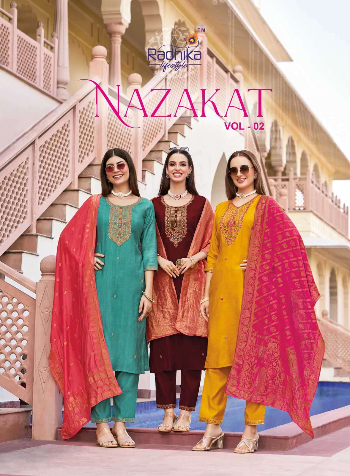 nazakat vol-2 by radhika fashion 2001-2006 series vertican silk readymade salwar kameez wholesale prcie surat