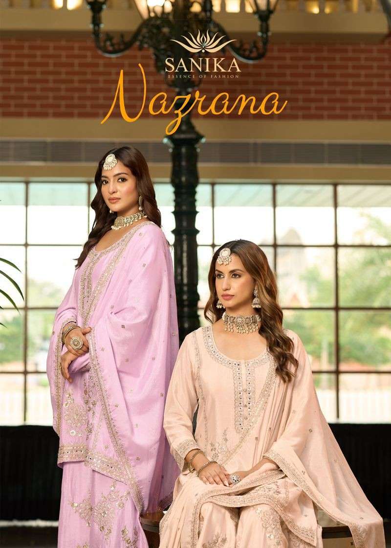nazrana by sanika 10001-10003 series chinon silk embroidered readymade salwar kameez wholesale price surat