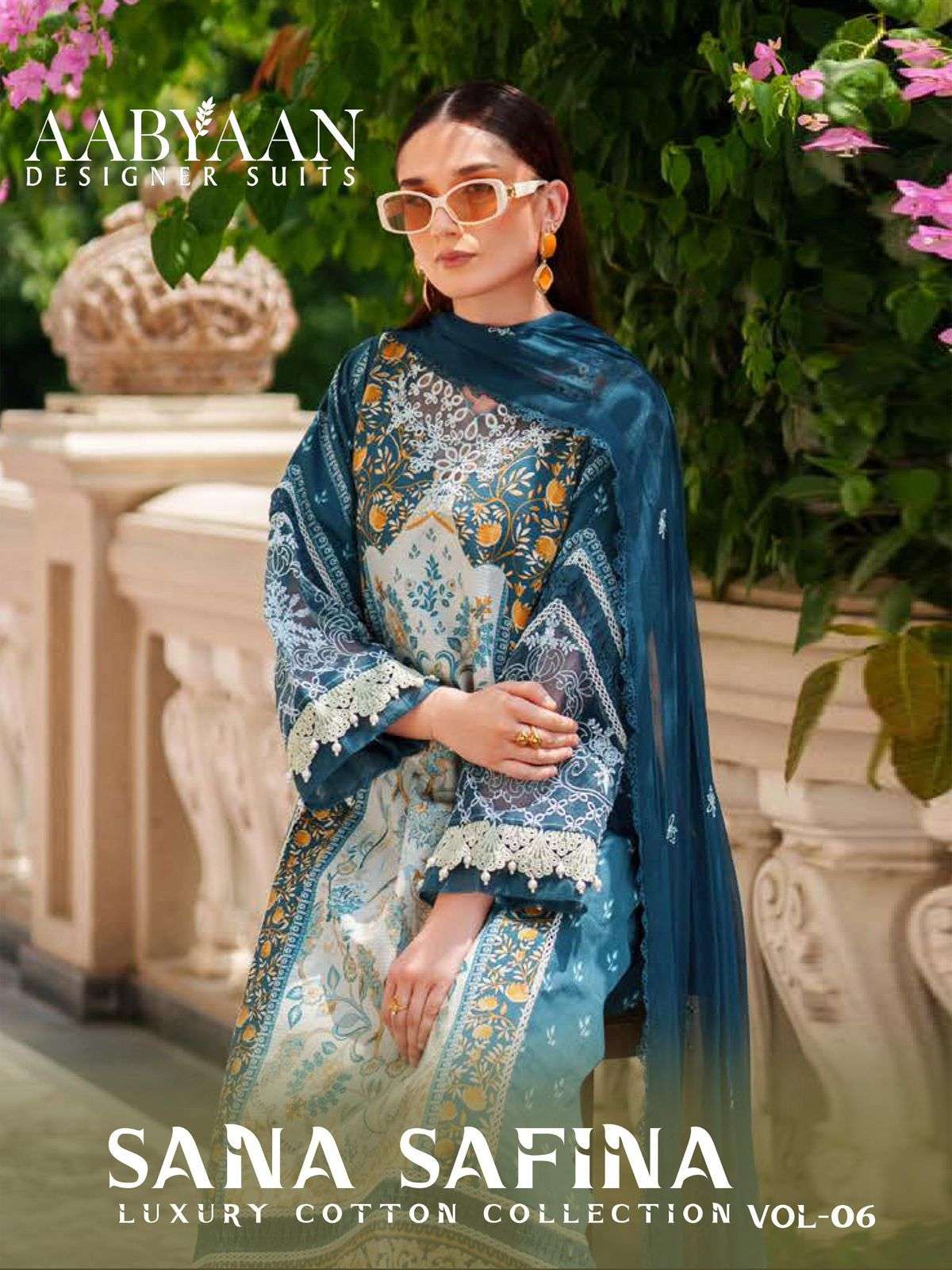 sana safina vol-6 by aabyaan designer suit 601-606 series cotton pakistani salwar kameez wholesale price surat