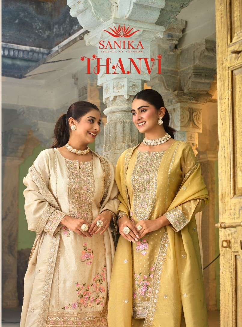 thanvi by sanika fashion 1601-1602 series heavy embroidered simmer silk salwar kameez wholesale price surat