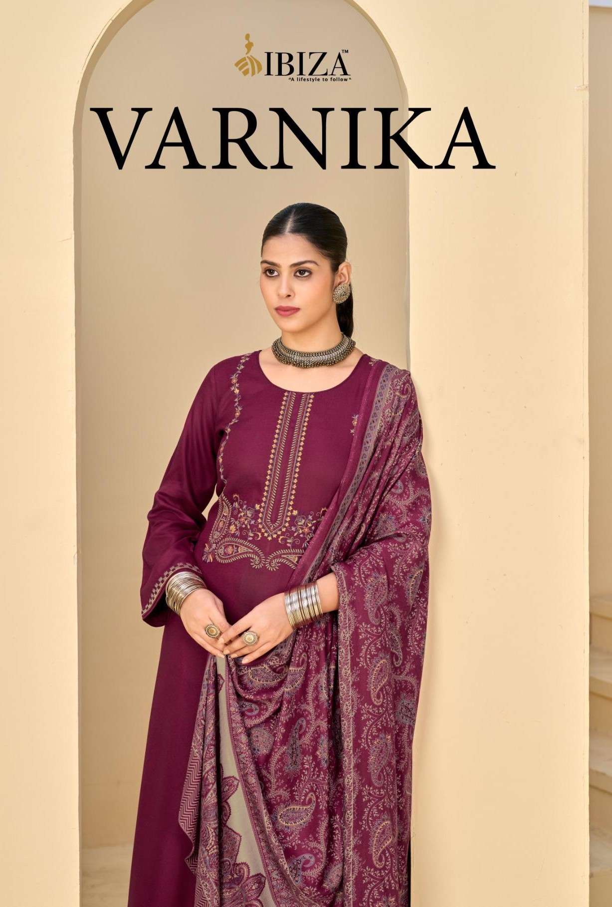 varnika by ibiza lifestyle 2851-2856 series fancy embroidered pashmina salwar kameez wholesale price surat