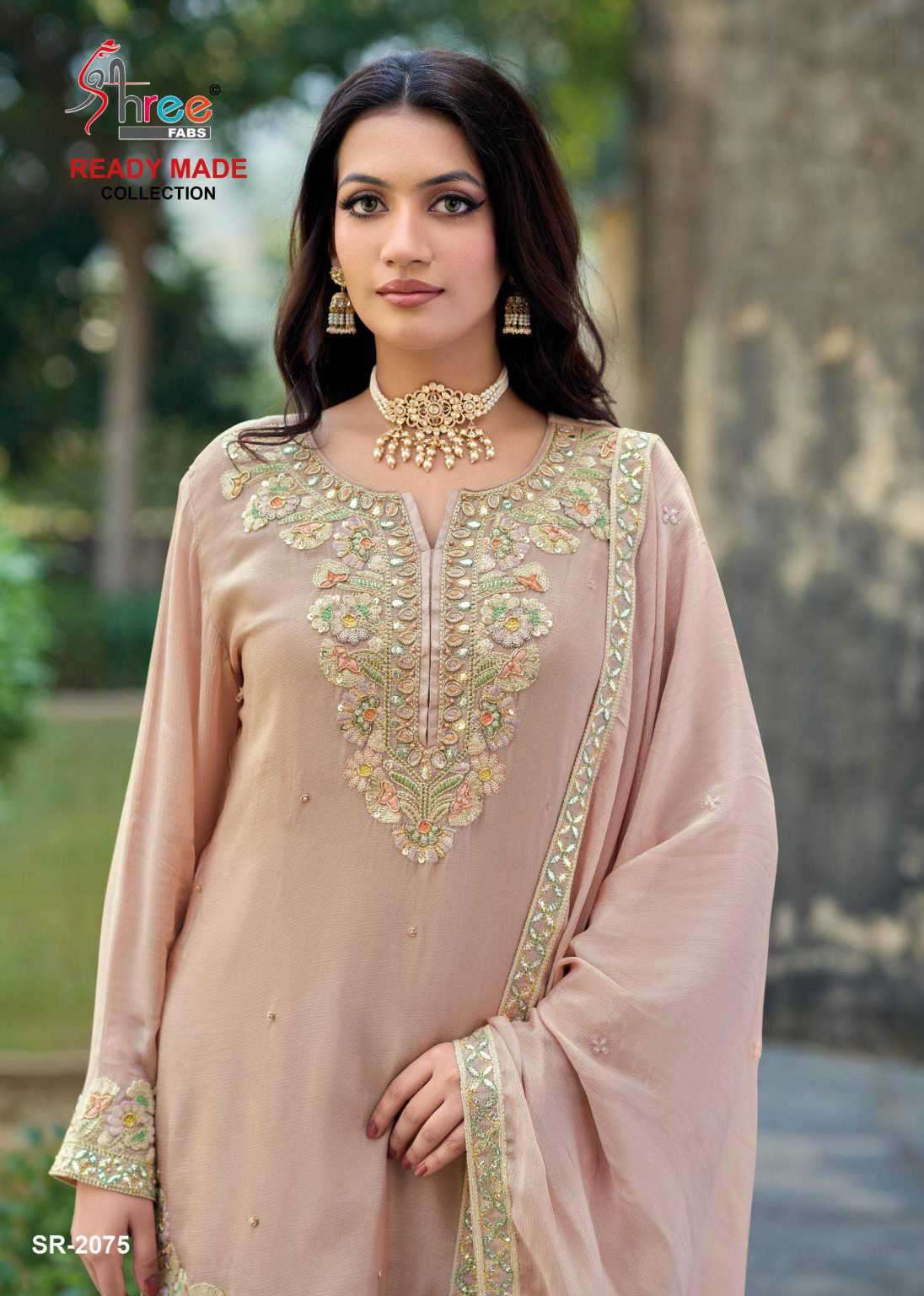2075  by shree fabs latest designer fancy work chinon readymade salwar kameez wholesale prcie surat