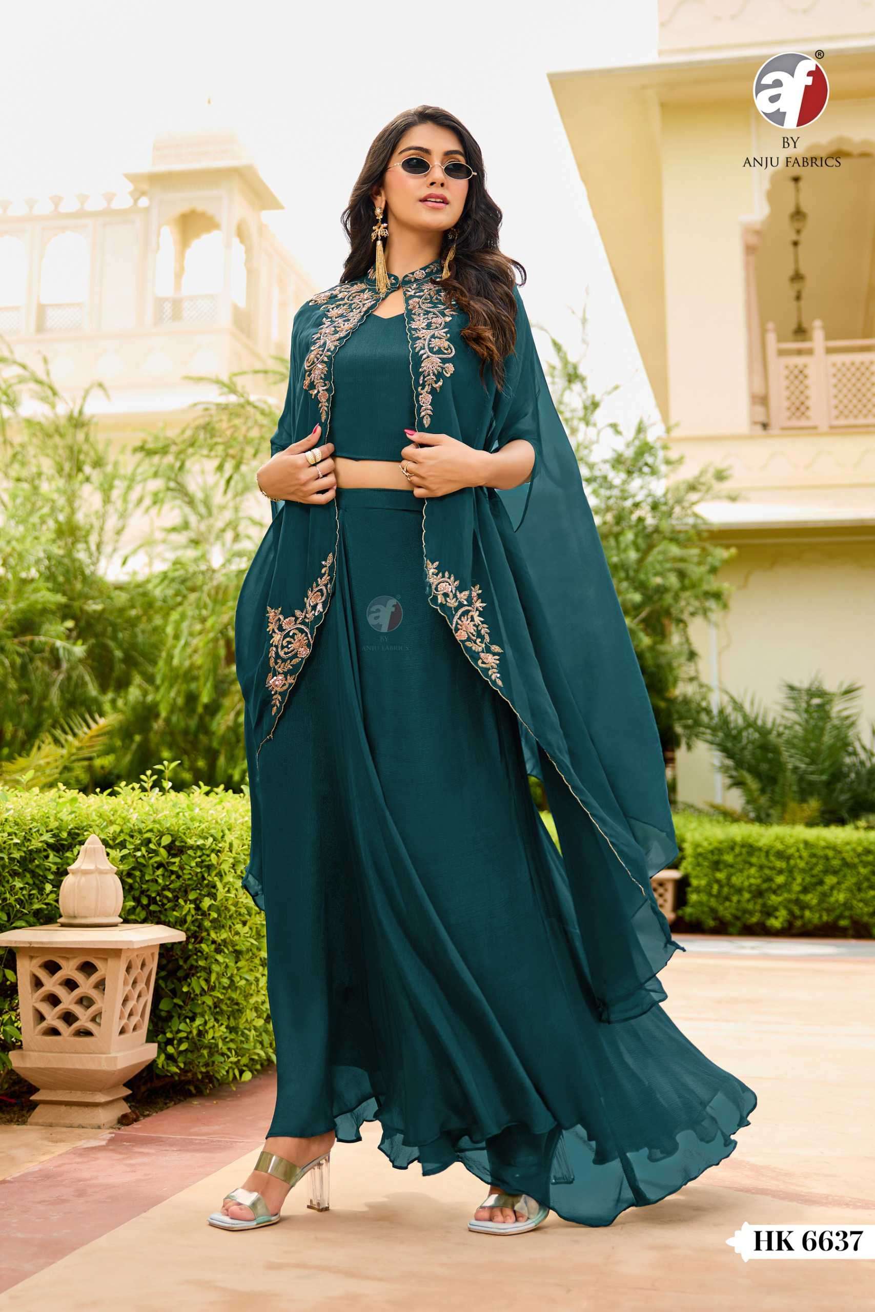 anju fabric 6637 chinon chiffon with heay handwork readymade ethnic wear collection wholesale price surat