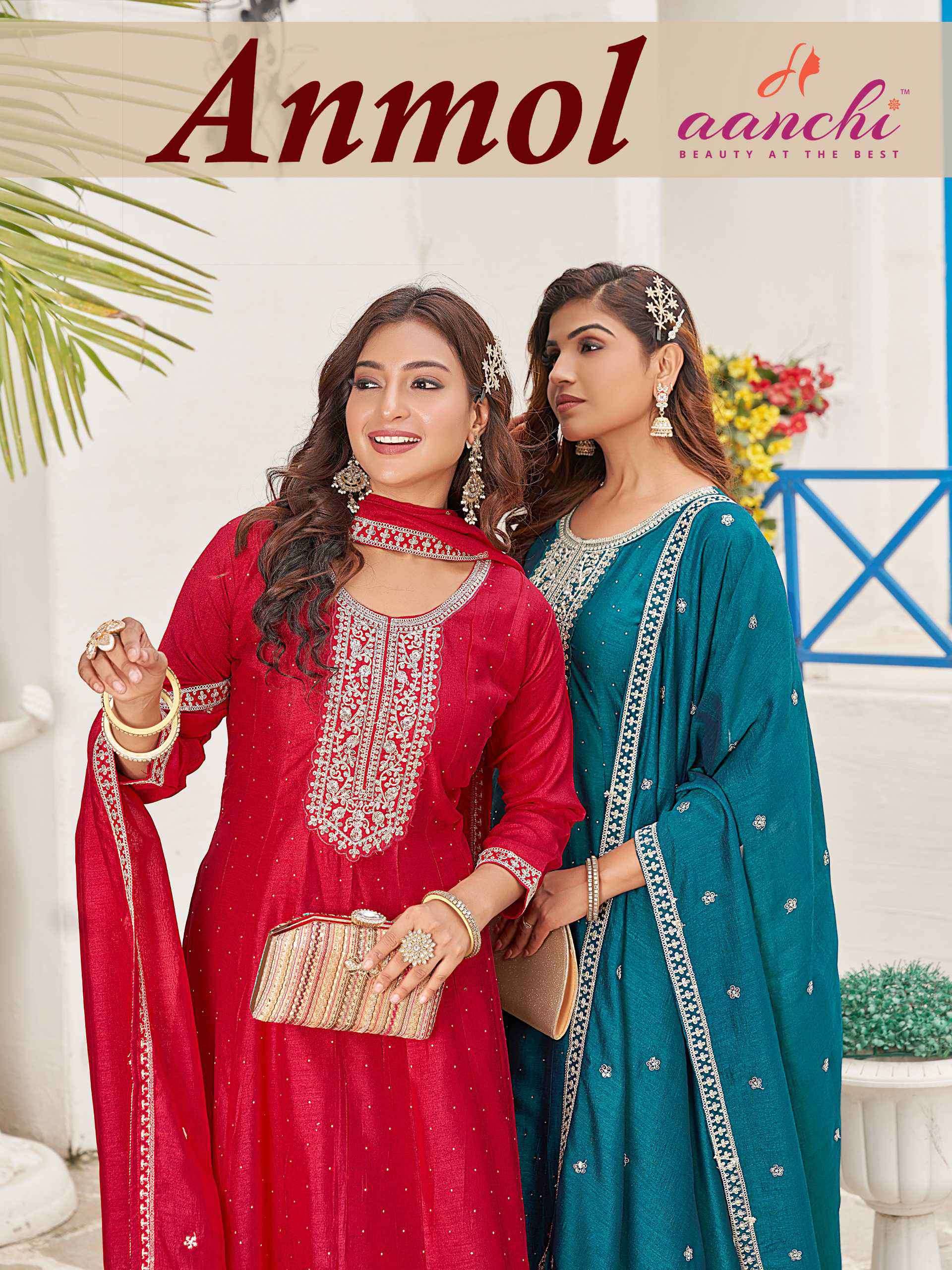 anmol by aanchi latest designer vichitra silk readymade salwar kameez wholesale price surat