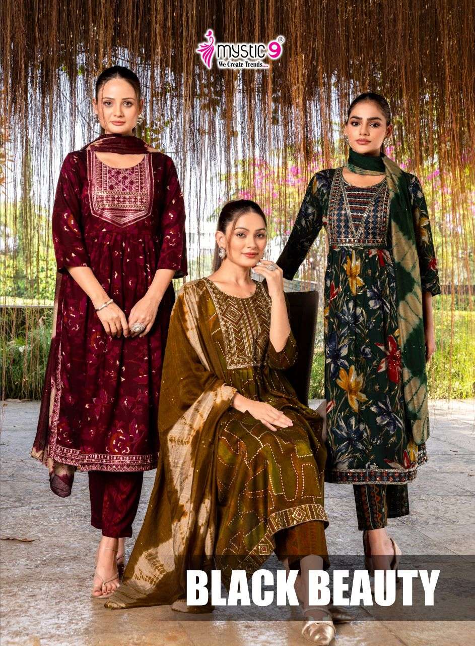 black beauty vol-6 by mystic 9 6001-6008 series exclusive printed rayon readymade salwar kameez supplier 