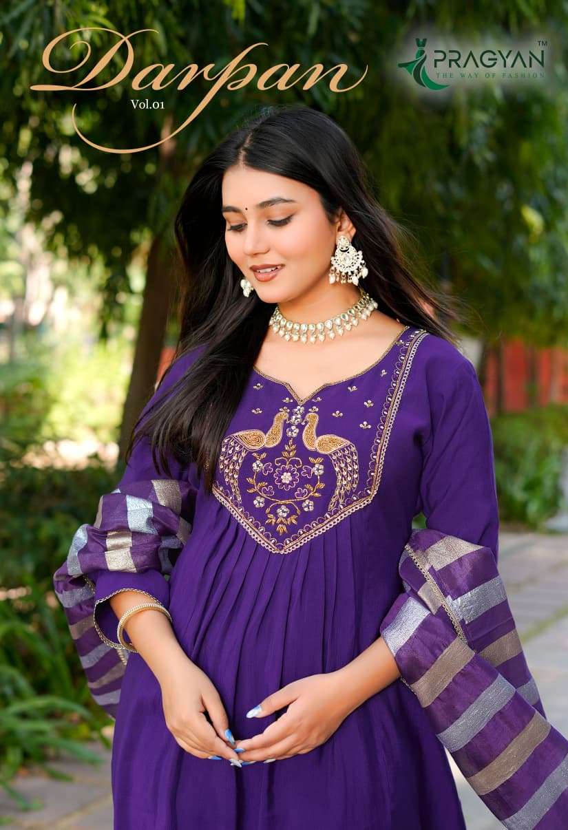 darpan vol-1 by pragyan 1001-1004 fancy handwork viscose silk readymade salwar kameez wholesale price surat