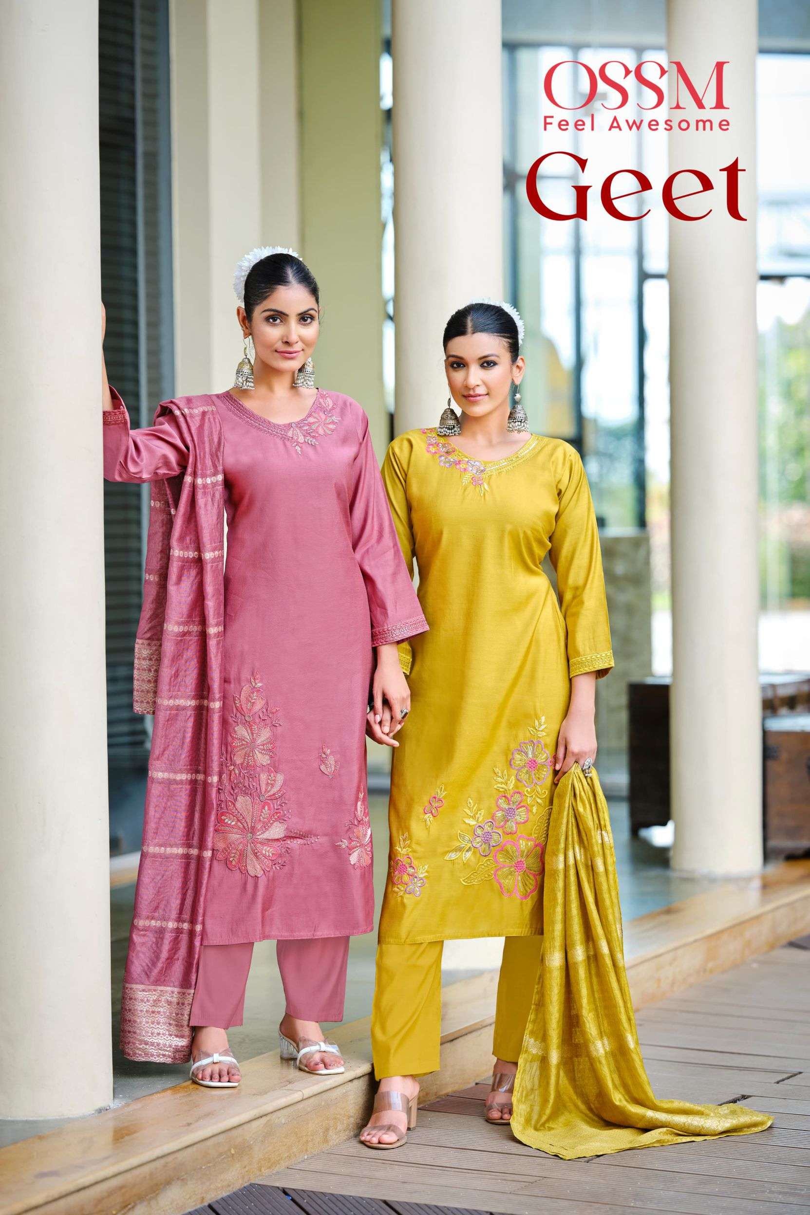 geet by ossm 1001-1006 series exclusive embroidered roman silk readymade salwar kameez wholesale price surat