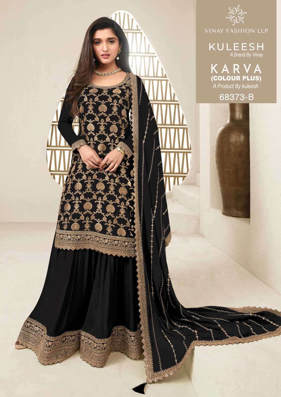 karva black and white by vinay fashion party wear embroidered chinon jacquard plazo suit supplier surat